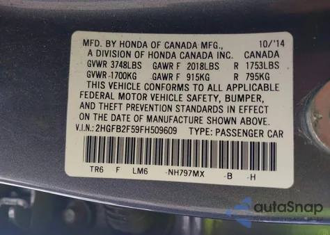 2015 Honda Civic Lx из США, поврежденный, VIN 2HGFB2F59FH509609